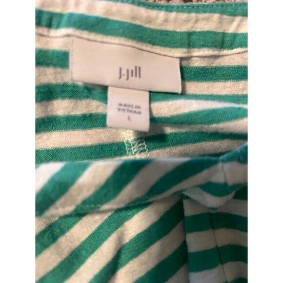 J. Jill Linen Blend Top L Green White Stripe V-Neck Cap Sleeve Casual Normcore - Picture 2 of 5